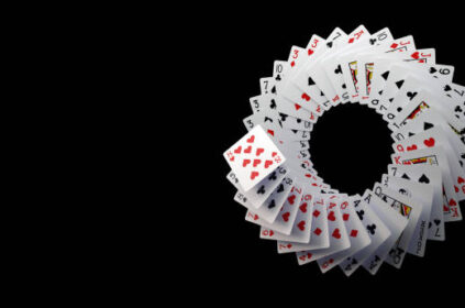 Modern White, Black And Red Playing Cards On Black Background. Empty Space.