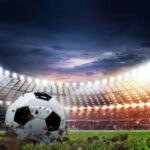 Soccer ball lies on stadium grass in the smoke, 3D Illustration