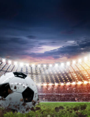 Soccer ball lies on stadium grass in the smoke, 3D Illustration